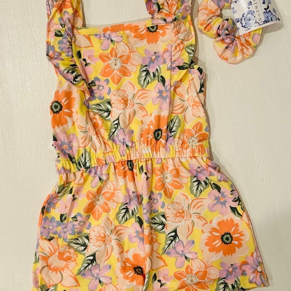 Little Lass Yellow and Orange Floral One Piece with Ruffled Straps